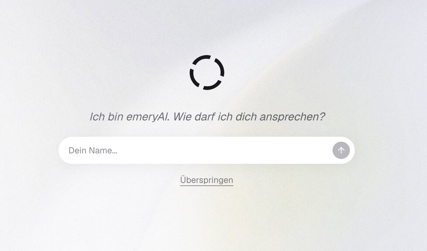 emeryAI Branded AI Interface Screenshot: Onboarding Screen