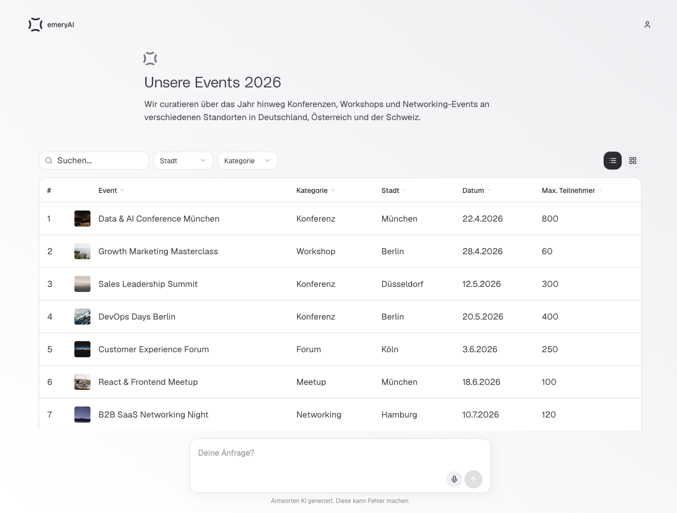 emeryAI Interface Screenshot Event Table