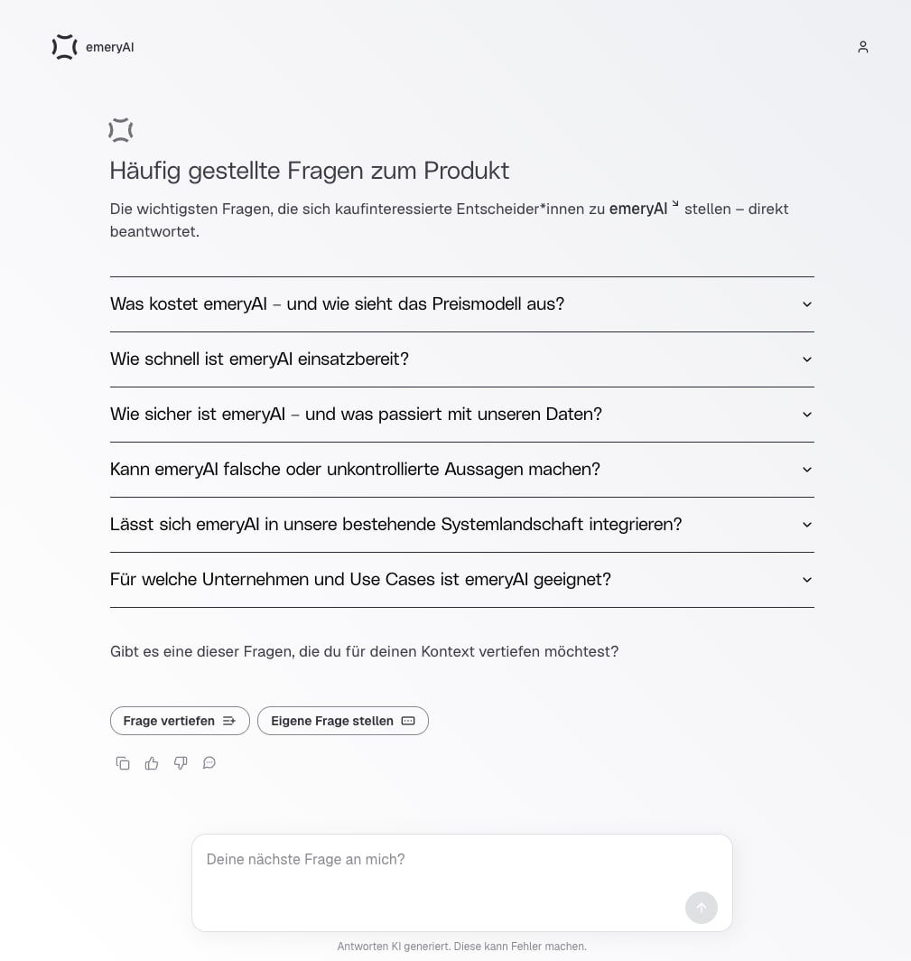 emeryAI Interface Screenshot of an FAQ