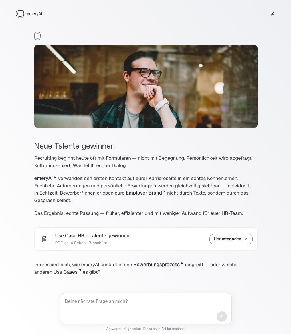 emeryAI Interface Screenshot for the "Attracting Talent" Use Case