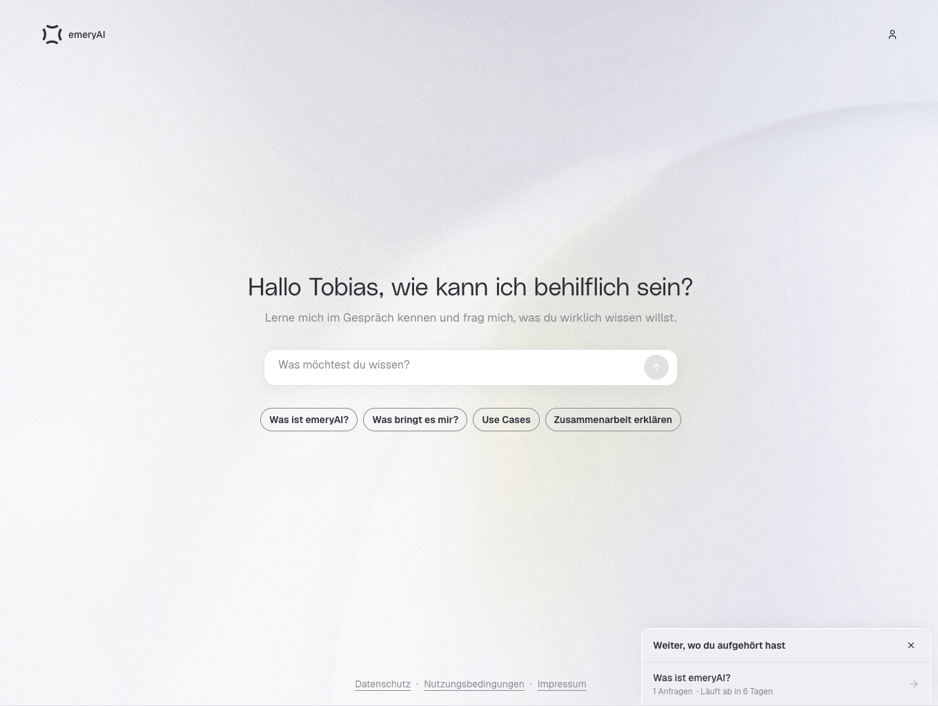emeryAI Branded AI Interface Screenshot: Home Screen